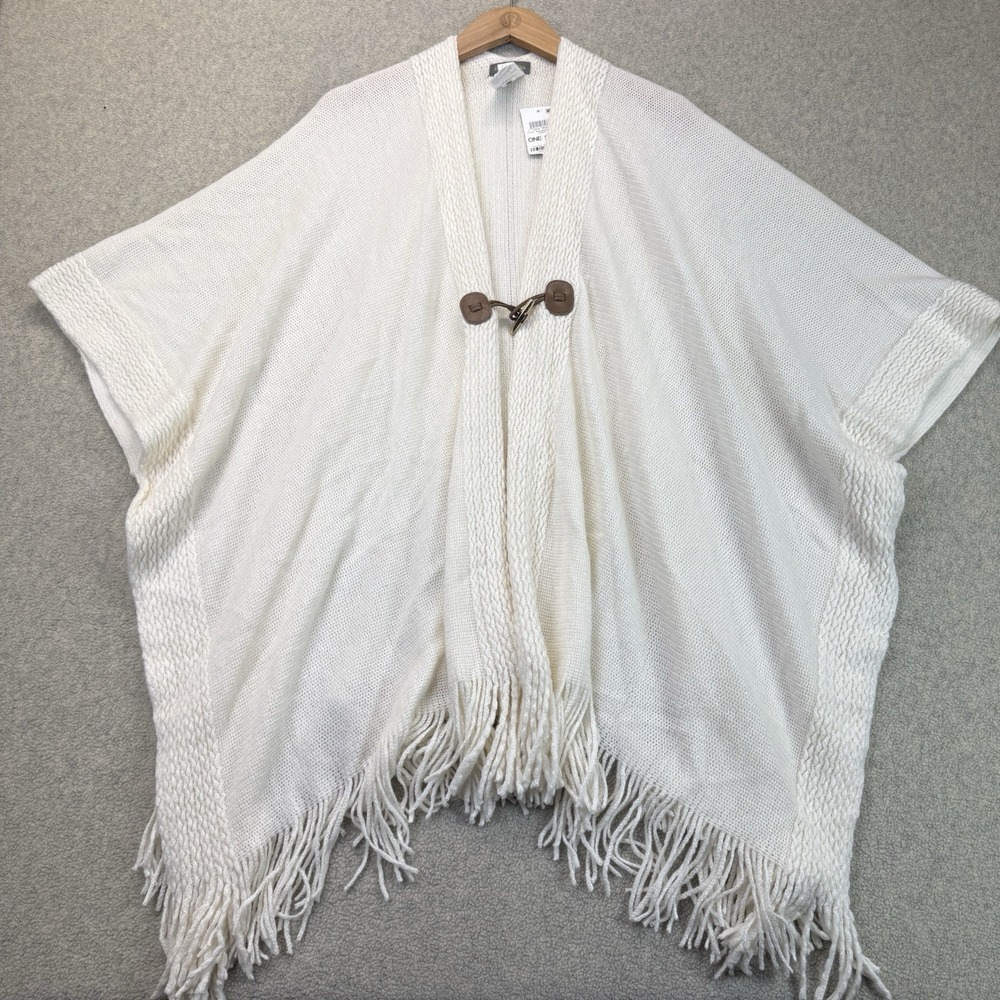NWT Style & Co Women's Knit Poncho Sweater Ivory Toggle Fringe One Size